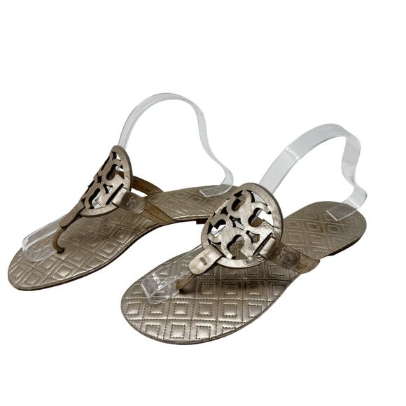 Tory Burch Miller Marion Gold Metallic Quilted Leather Logo Sandals Size 9.5 - Picture 4 of 12